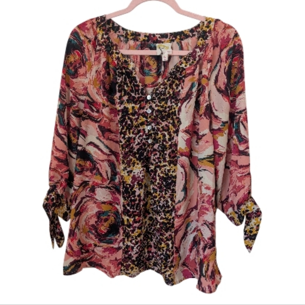 Fig And Flower Animal Print Floral Tie Cuff Blouse Size 1x